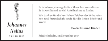Traueranzeige von Johannes Nelius von Landeszeitung