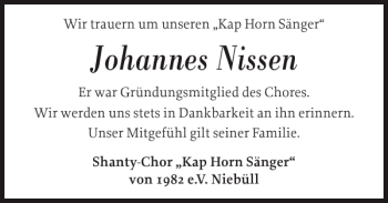 Traueranzeige von Johannes Nissen von Nordfriesland Tageblatt