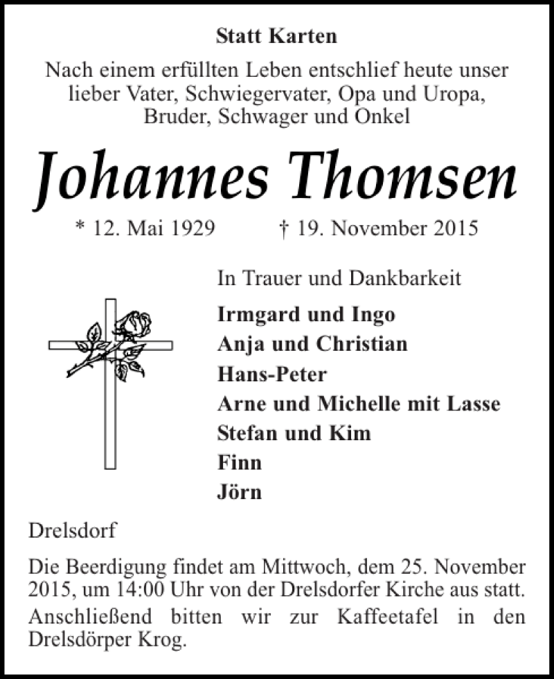  Traueranzeige für Johannes Thomsen vom 23.11.2015 aus Husumer Nachrichten