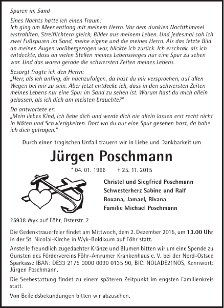  Traueranzeige für Jürgen Poschmann vom 30.11.2015 aus Der Insel-Bote