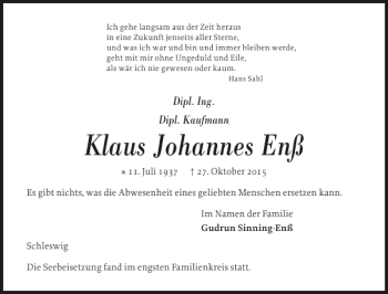 Traueranzeige von Klaus Johannes Enß von Schleswiger Nachrichten