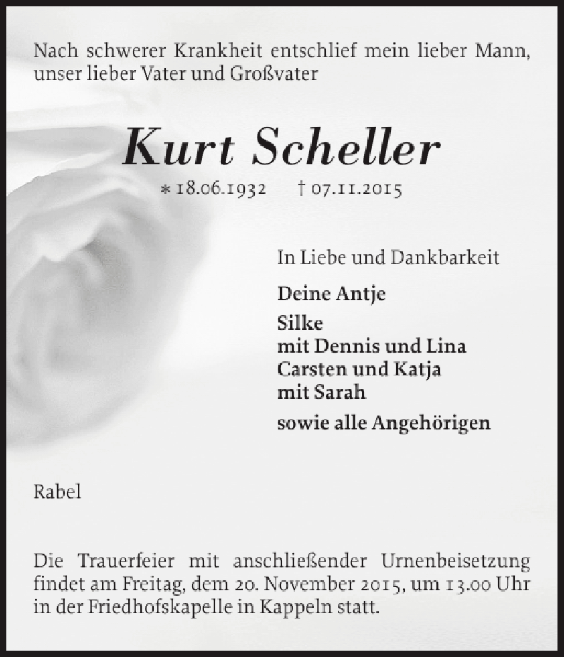  Traueranzeige für Kurt Scheller vom 17.11.2015 aus Schlei-Bote