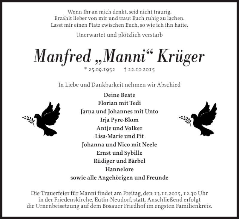  Traueranzeige für Manfred Manni Krüger vom 07.11.2015 aus Ostholsteiner Anzeiger