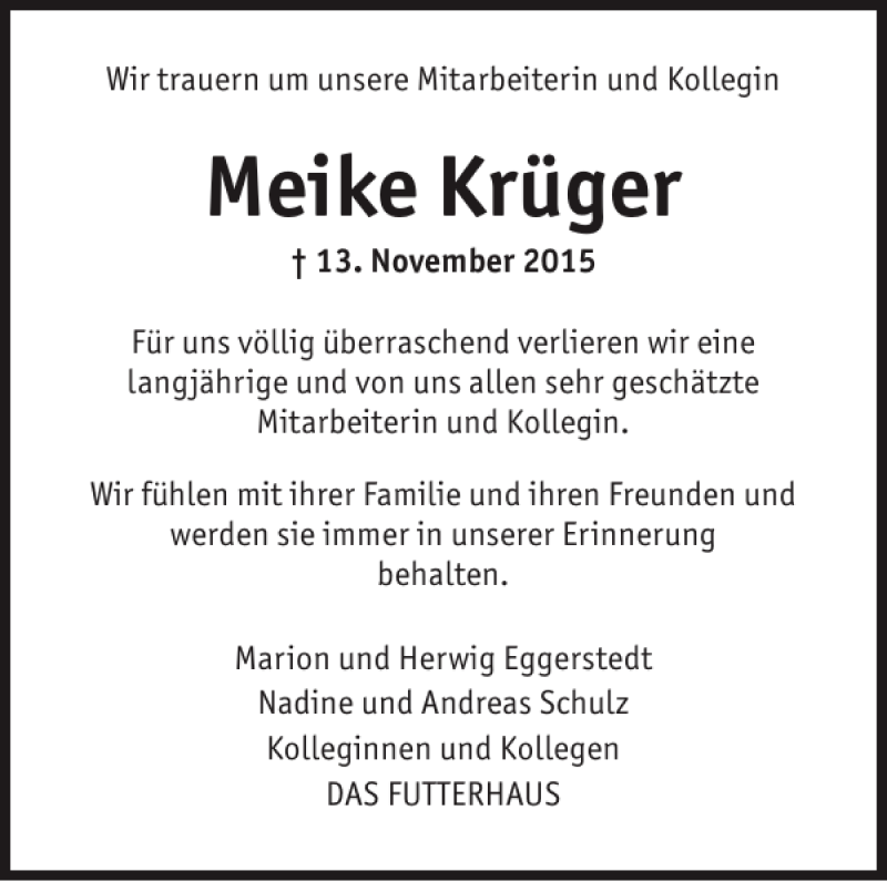  Traueranzeige für Meike Krüger vom 21.11.2015 aus Elmshorner Nachrichten