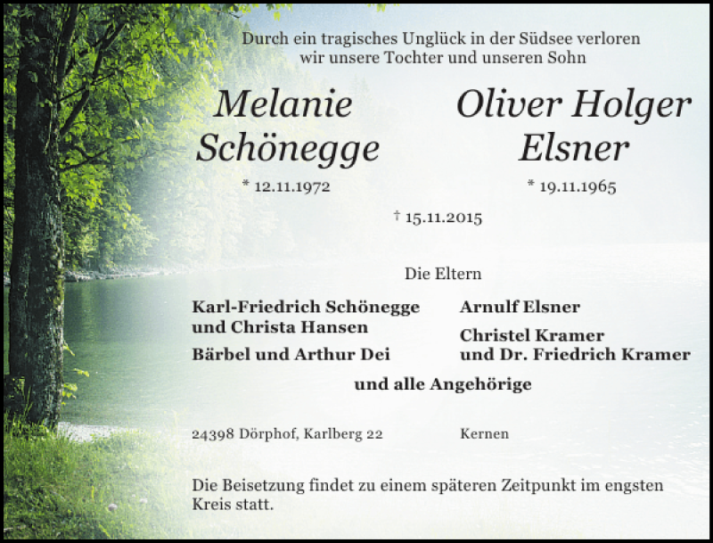  Traueranzeige für Melanie Schönegge Oliver Holger Elsner vom 25.11.2015 aus Schlei-Bote