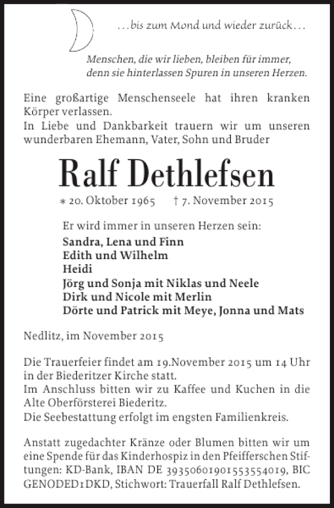  Traueranzeige für Ralf Dethlefsen vom 13.11.2015 aus Husumer Nachrichten