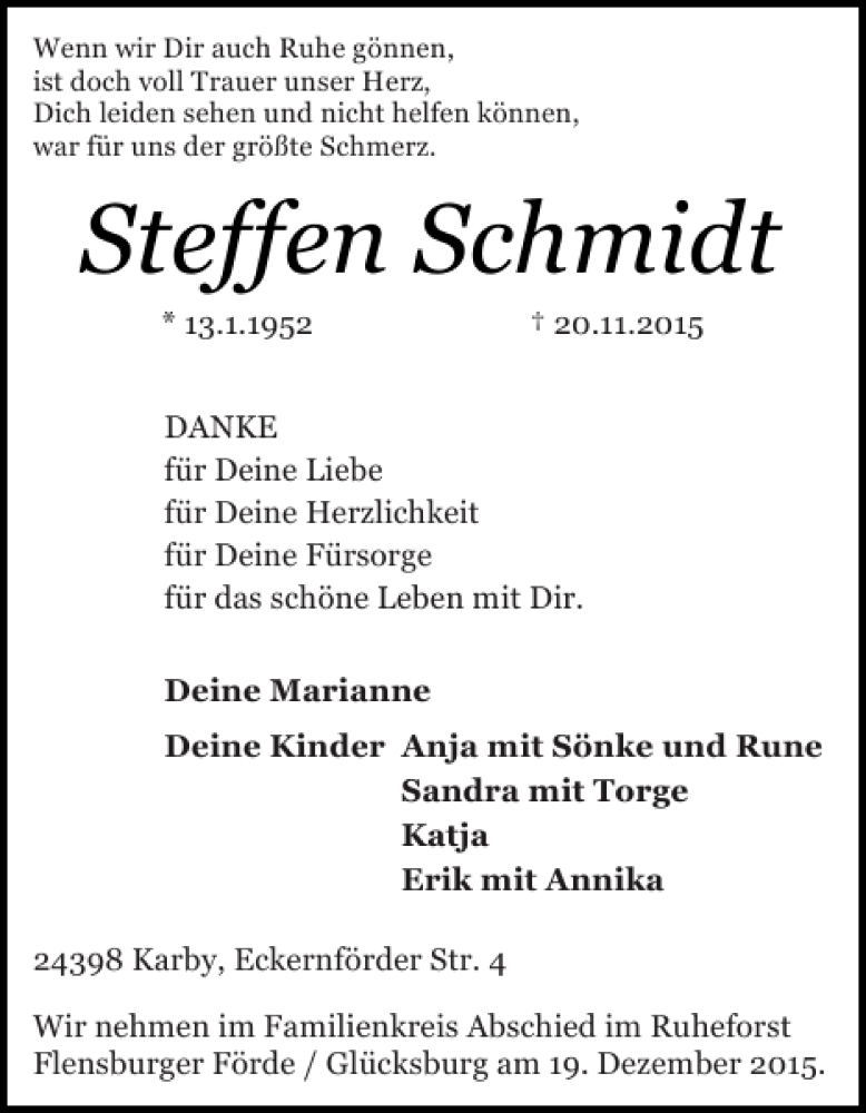  Traueranzeige für Steffen Schmidt vom 28.11.2015 aus Schlei-Bote