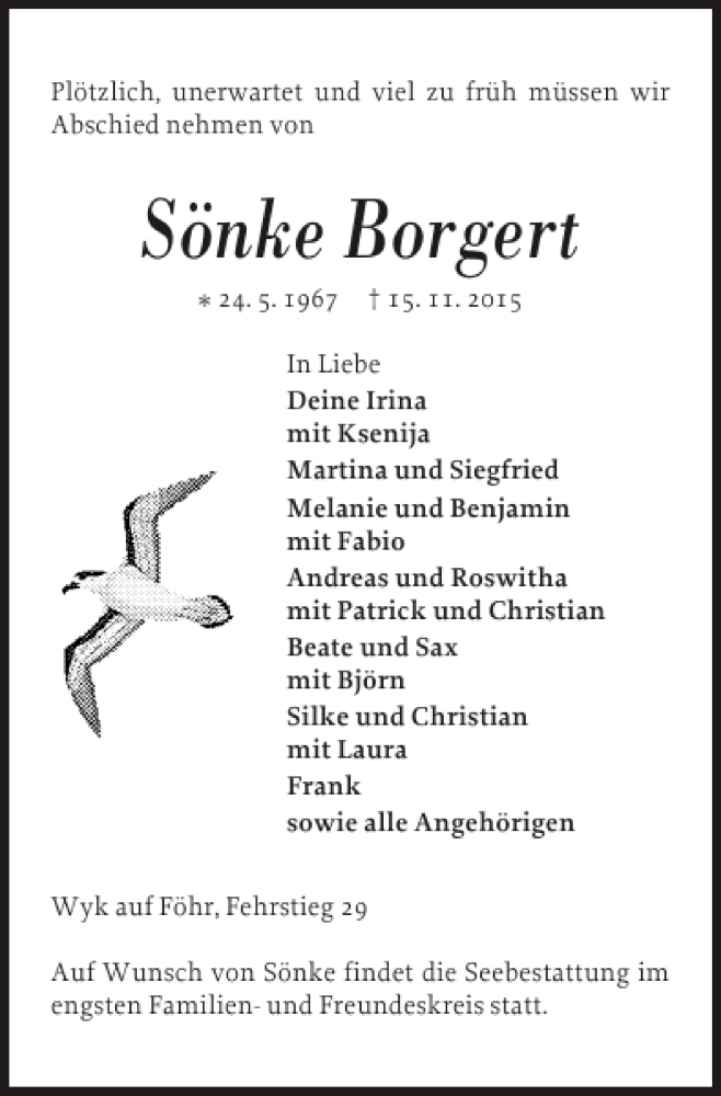  Traueranzeige für Sönke Borgert vom 23.11.2015 aus Der Insel-Bote
