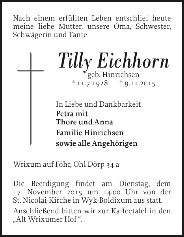  Traueranzeige für Tilly Eichhorn vom 13.11.2015 aus Der Insel-Bote