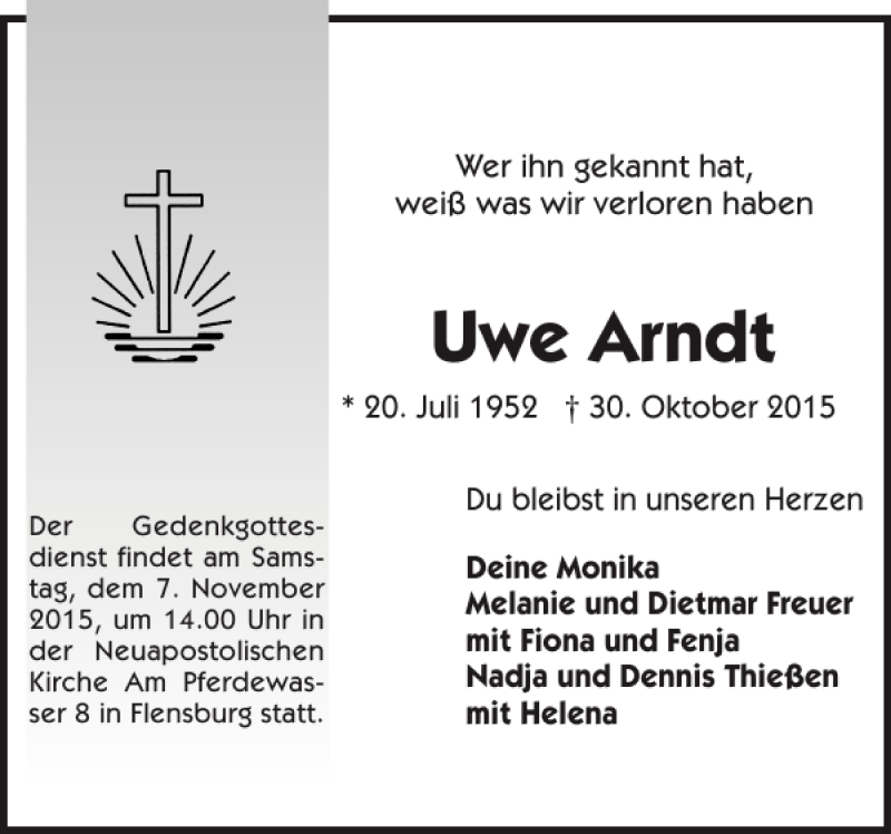  Traueranzeige für Uwe Arndt vom 04.11.2015 aus Flensburger Tageblatt