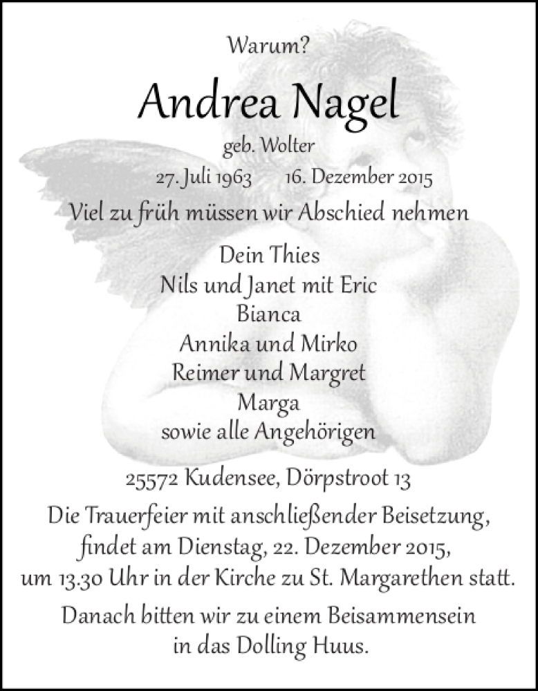  Traueranzeige für Andrea Nagel vom 19.12.2015 aus Norddeutsche Rundschau