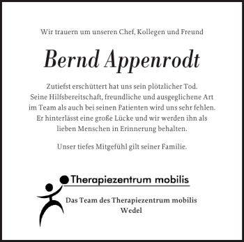 Traueranzeige von Bernd Appenrodt von Pinneberger Tageblatt