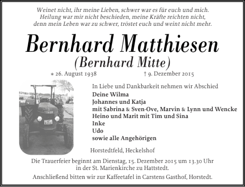  Traueranzeige für Bernhard Matthiesen vom 11.12.2015 aus Husumer Nachrichten