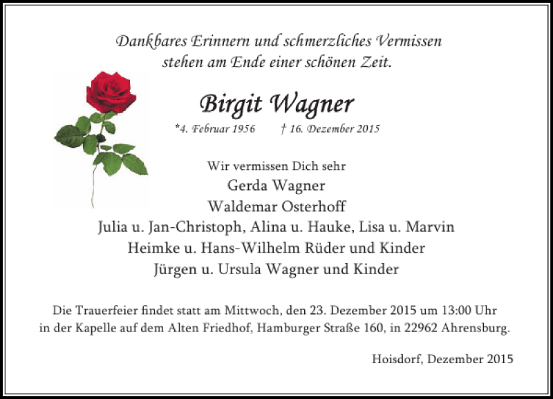  Traueranzeige für Birgit Wagner vom 19.12.2015 aus Stormarner Tageblatt