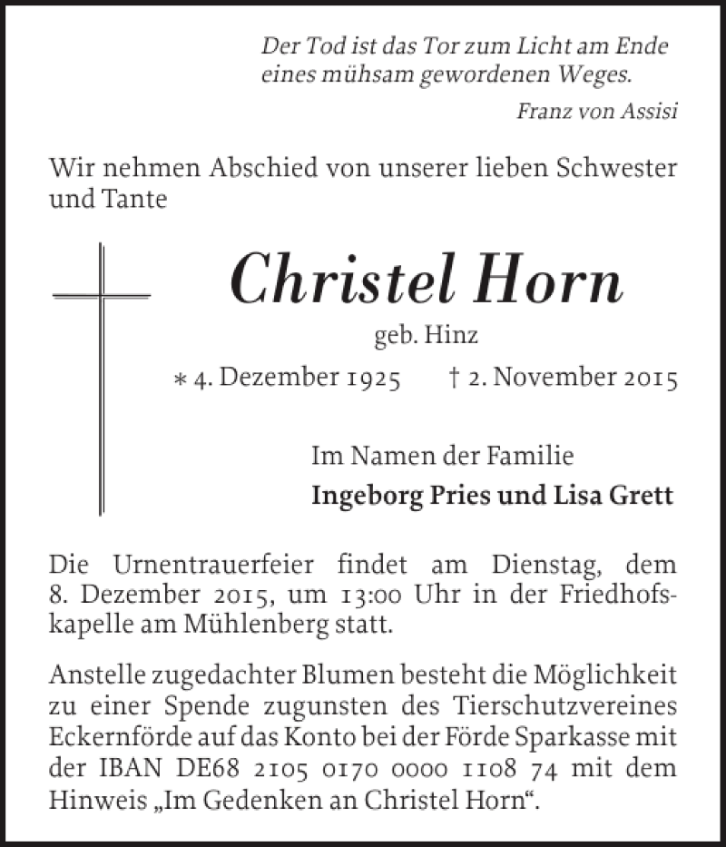  Traueranzeige für Christel Horn vom 04.12.2015 aus Eckernförder Zeitung