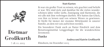 Traueranzeige von Dietmar Großkurth von Elmshorner Nachrichten