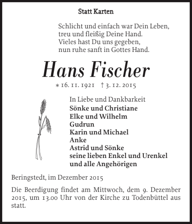  Traueranzeige für Hans Fischer vom 08.12.2015 aus Landeszeitung