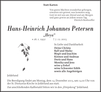 Traueranzeige von Hans-Heinrich Johannes Petersen von Flensburger Tageblatt