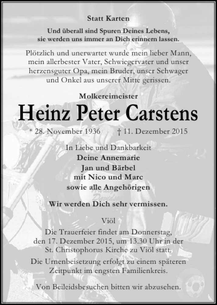  Traueranzeige für Heinz Peter Carstens vom 14.12.2015 aus Husumer Nachrichten