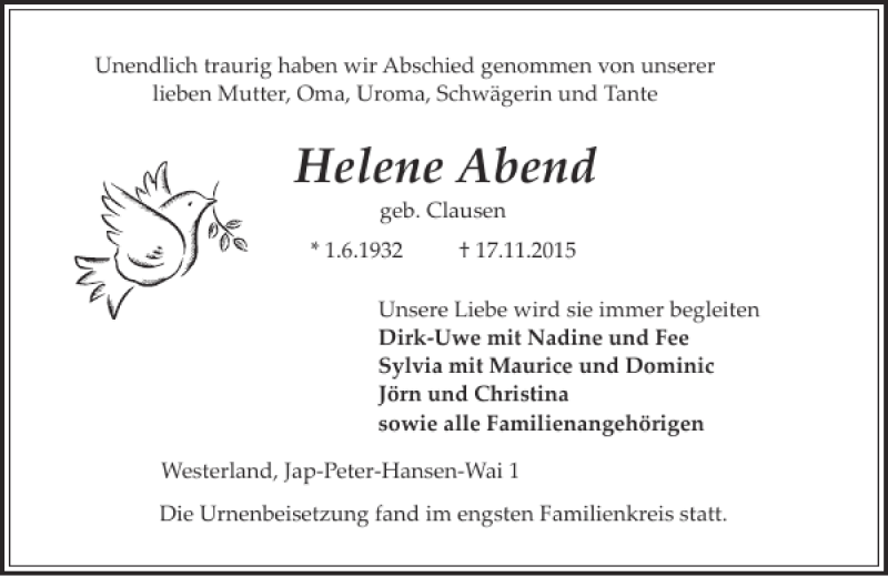  Traueranzeige für Helene Abend vom 09.12.2015 aus Sylter Rundschau