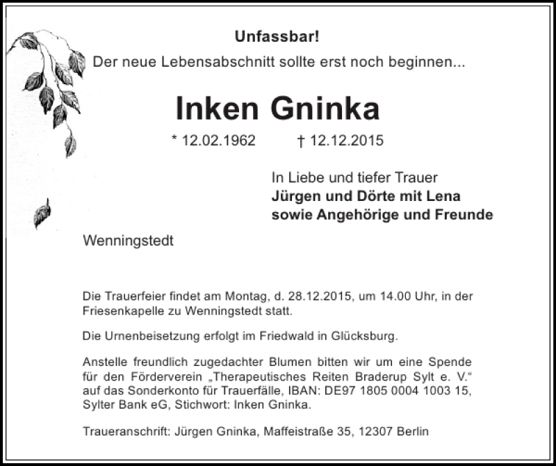  Traueranzeige für Inken Gninka vom 17.12.2015 aus Sylter Rundschau