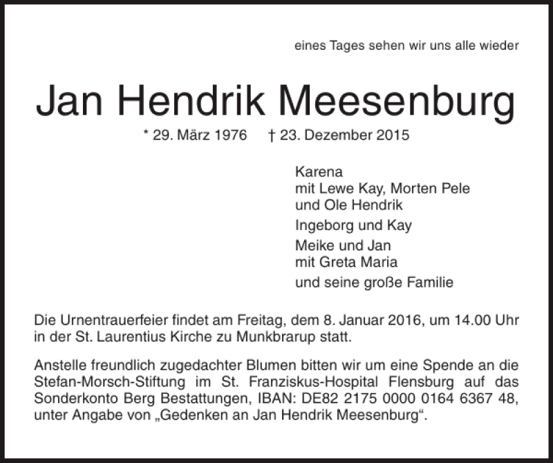  Traueranzeige für Jan Hendrik Meesenburg vom 30.12.2015 aus Flensburger Tageblatt