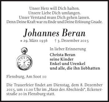 Traueranzeige von Johannes Beran von Flensburger Tageblatt
