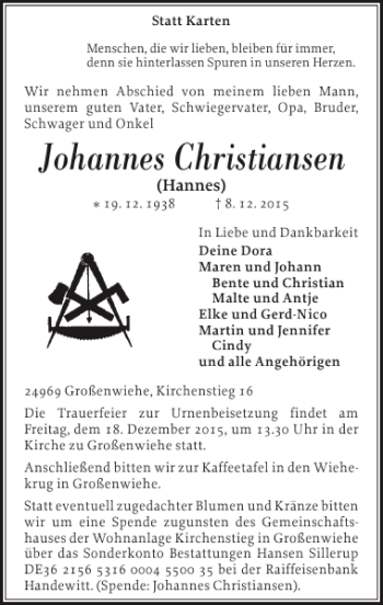 Traueranzeige von Johannes Christiansen von Flensburger Tageblatt