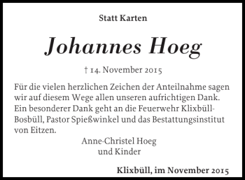 Traueranzeige von Johannes Hoeg von Nordfriesland Tageblatt