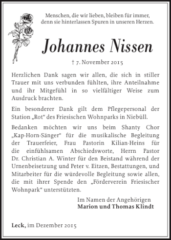 Traueranzeige von Johannes Nissen von Nordfriesland Tageblatt