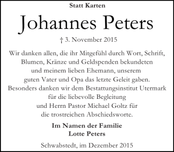 Traueranzeige von Johannes Peters von Husumer Nachrichten