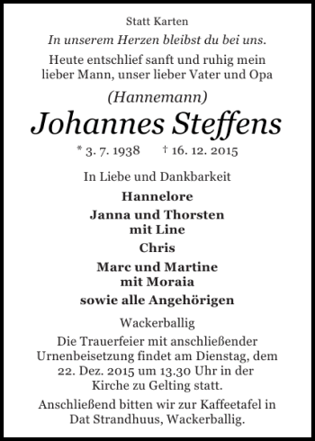 Traueranzeige von Johannes Steffens von Flensburger Tageblatt