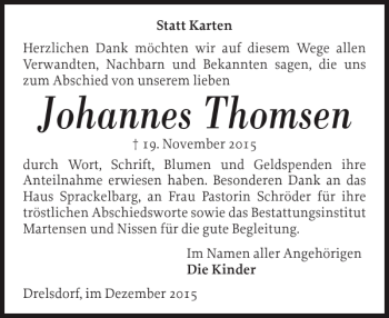 Traueranzeige von Johannes Thomsen von Husumer Nachrichten