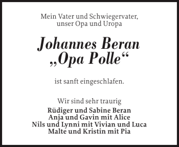 Traueranzeige von Johannes Beran Opa Polle von Flensburger Tageblatt