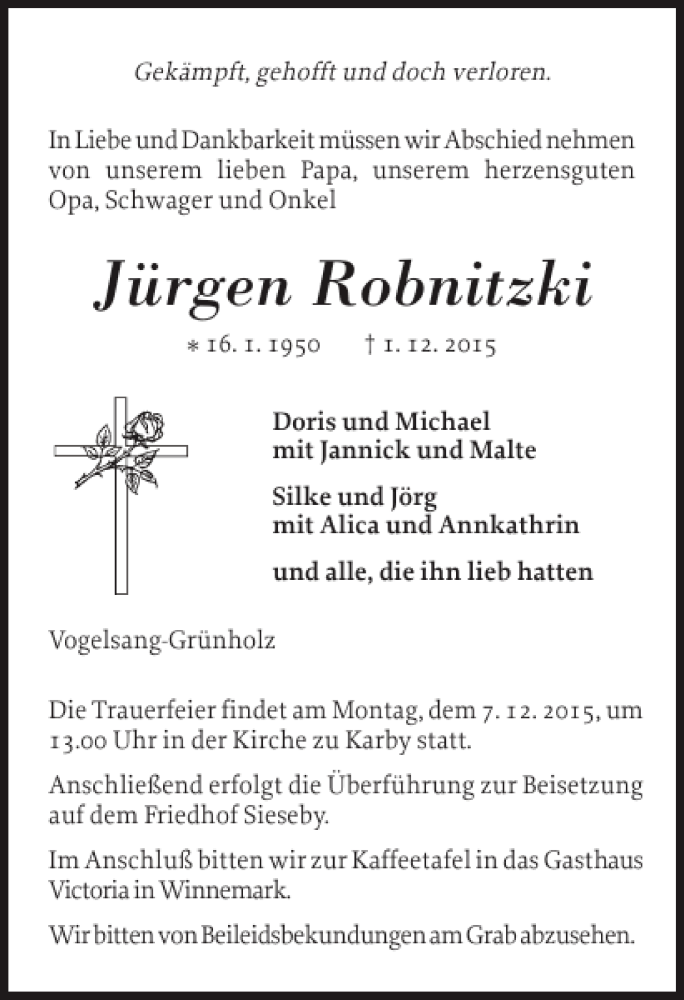  Traueranzeige für Jürgen Robnitzki vom 04.12.2015 aus Eckernförder Zeitung