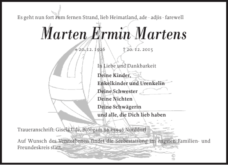  Traueranzeige für Marten Ermin Martens vom 22.12.2015 aus Der Insel-Bote