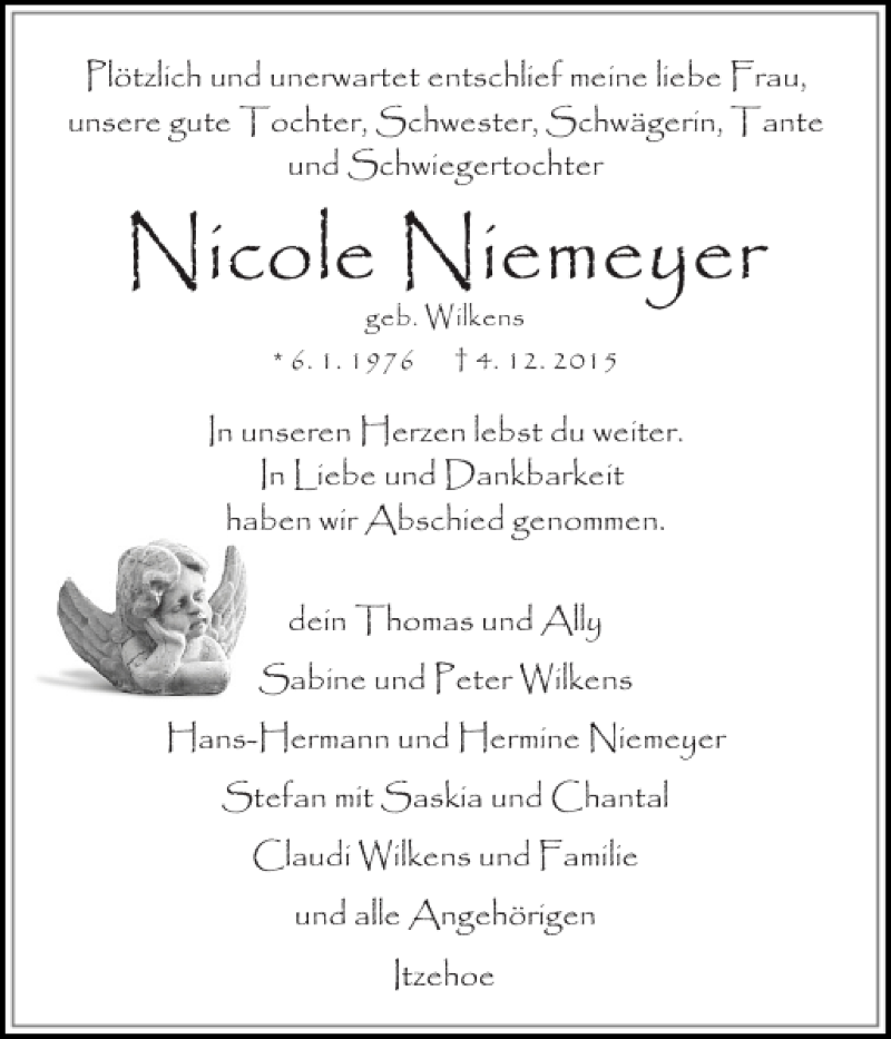  Traueranzeige für Nicole Niemeyer vom 12.12.2015 aus Norddeutsche Rundschau