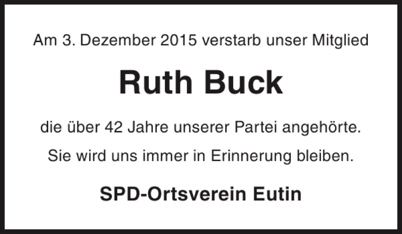  Traueranzeige für Ruth Buck vom 10.12.2015 aus Ostholsteiner Anzeiger