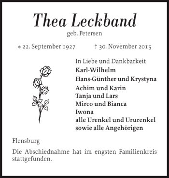 Traueranzeige von Thea Leckband von Flensburger Tageblatt
