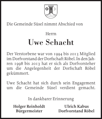 Traueranzeige von Uwe Schacht von Ostholsteiner Anzeiger