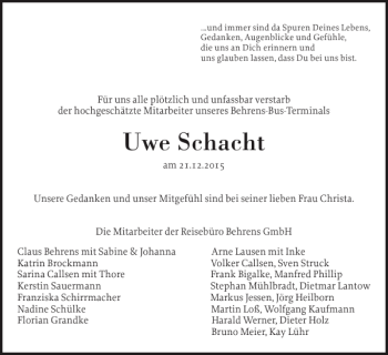 Traueranzeige von Uwe Schacht von Ostholsteiner Anzeiger