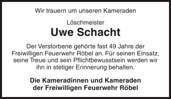 Traueranzeige von Uwe Schacht von Ostholsteiner Anzeiger