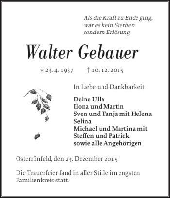 Traueranzeige von Walter Gebauer von Landeszeitung