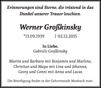Traueranzeige von Werner Großkinsky von Stormarner Tageblatt