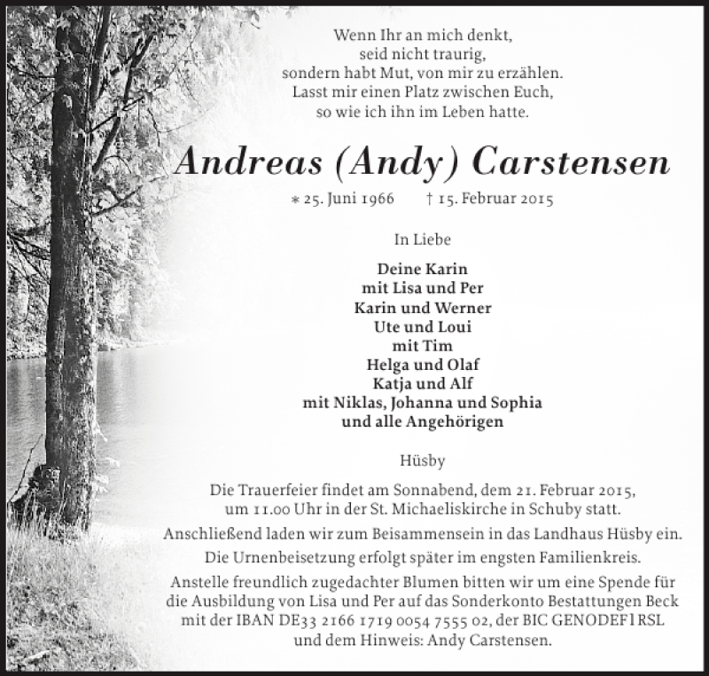  Traueranzeige für Andreas Andy Carstensen vom 20.02.2015 aus Schleswiger Nachrichten