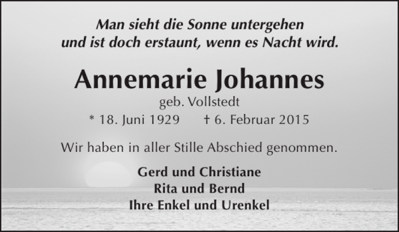  Traueranzeige für Annemarie Johannes vom 28.02.2015 aus Elmshorner Nachrichten