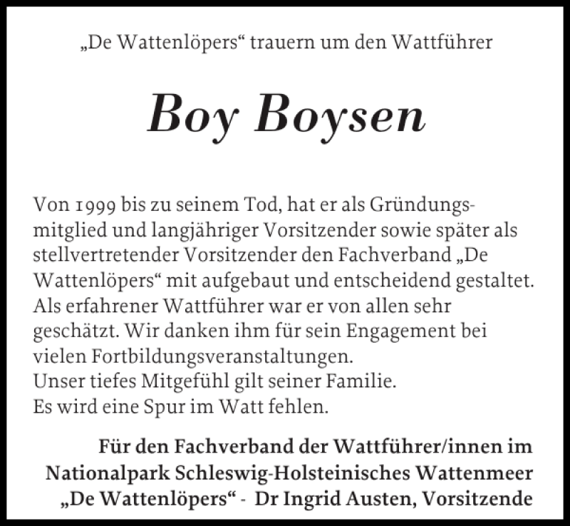  Traueranzeige für Boy Boysen vom 03.02.2015 aus Husumer Nachrichten