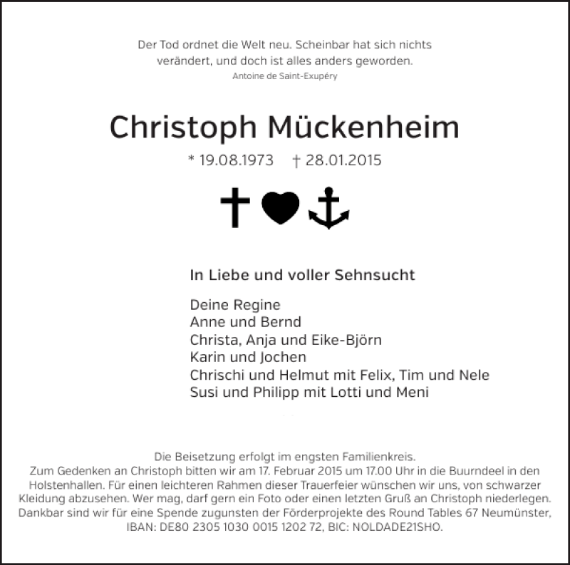  Traueranzeige für Christoph Mückenheim vom 11.02.2015 aus Holsteinischer Courier