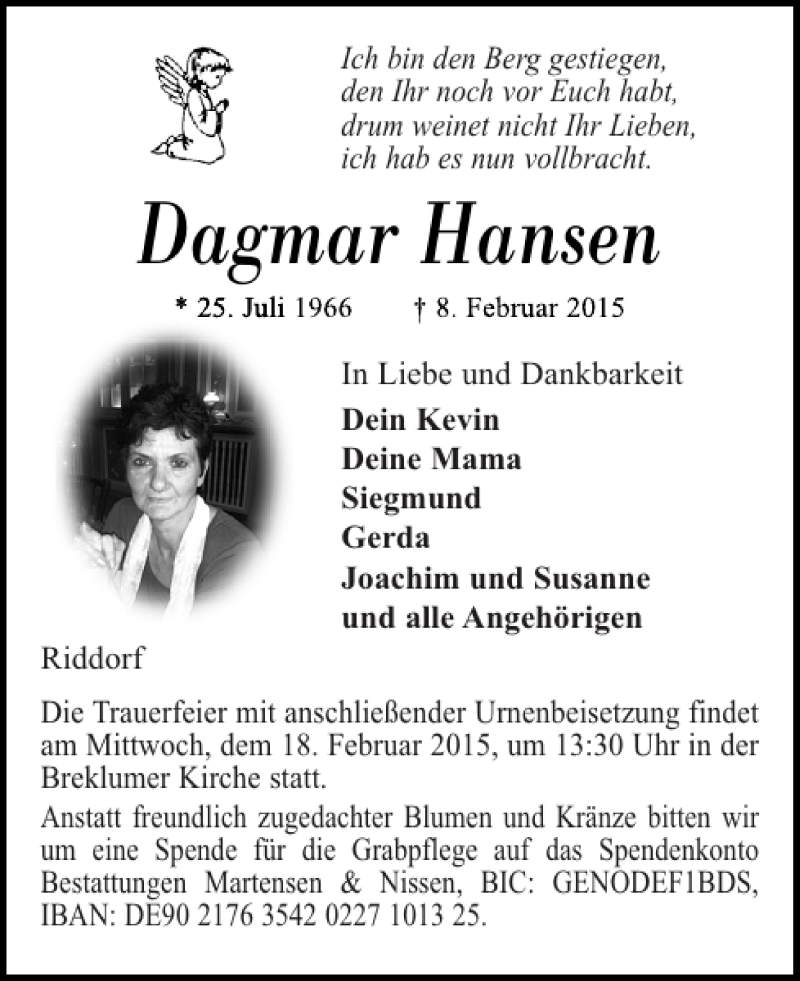  Traueranzeige für Dagmar Hansen vom 11.02.2015 aus Husumer Nachrichten