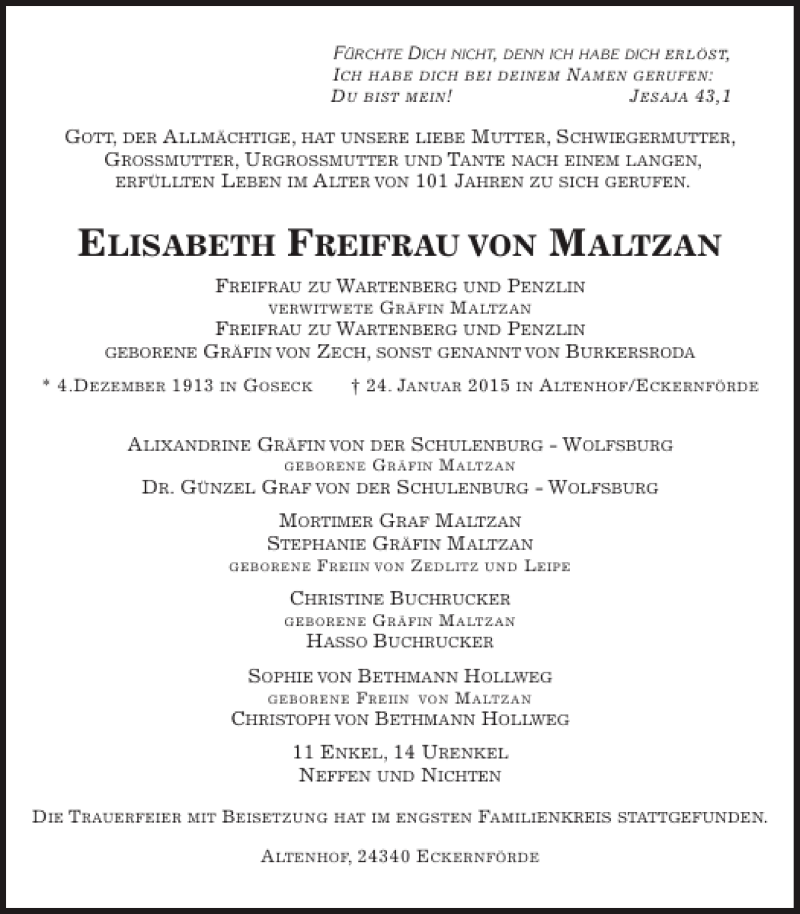  Traueranzeige für ELISABETH FREIFRAU VON MALTZAN vom 04.02.2015 aus Eckernförder Zeitung